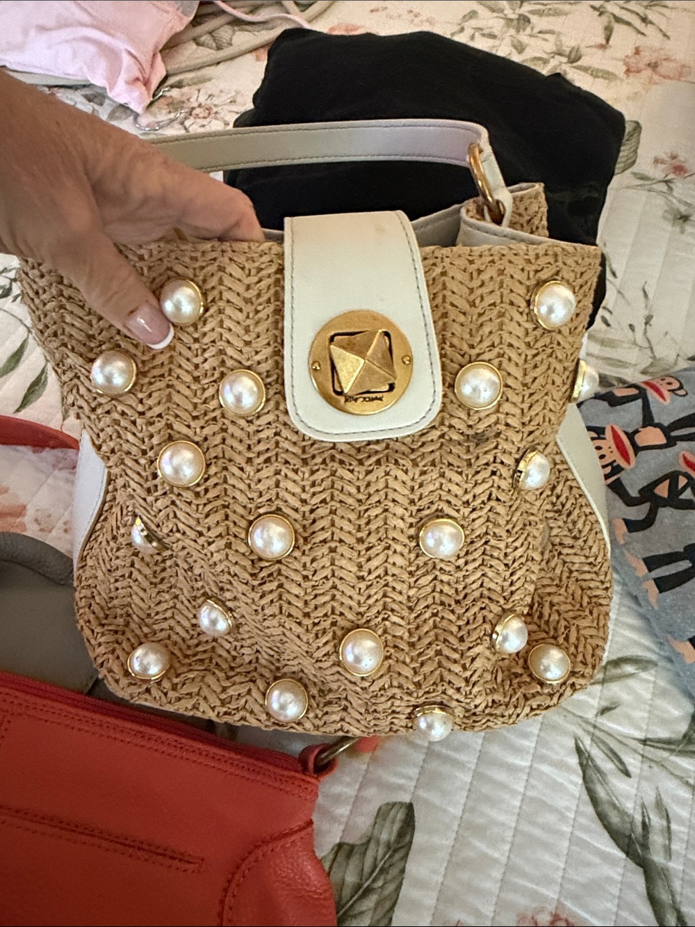 Betsey Johnson Pearl-Embellished Straw Shoulder Bag — White Trim, Gold Hardware